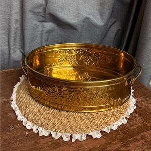 Vintage Hosley Brass Oval Handled Embossed Grape Planter Basket 9" X 6.5" X 3"H